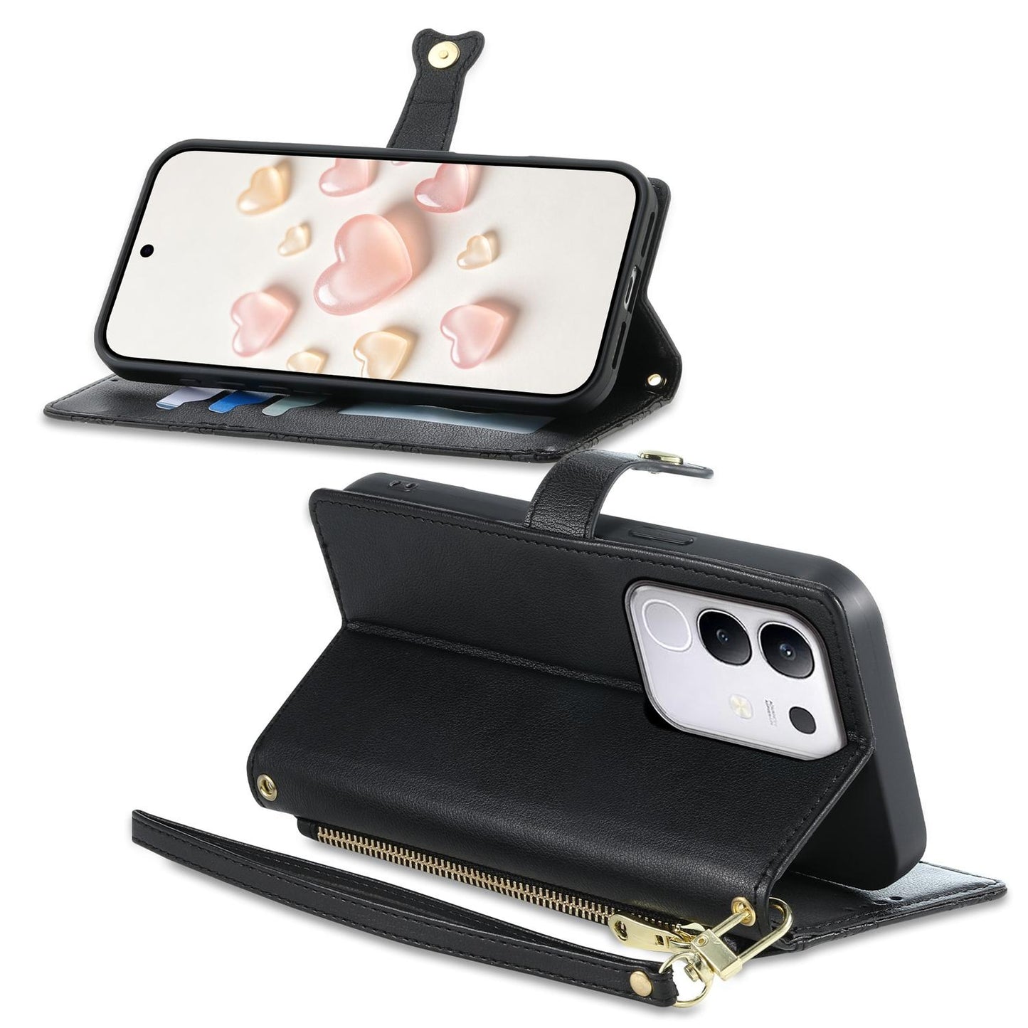 For vivo Y29 4G / Y300t / T4x / iQOO Z10x Zipper Wallet Heart Buckle Vegan Leather Phone Case with Wrist Strap(Black)