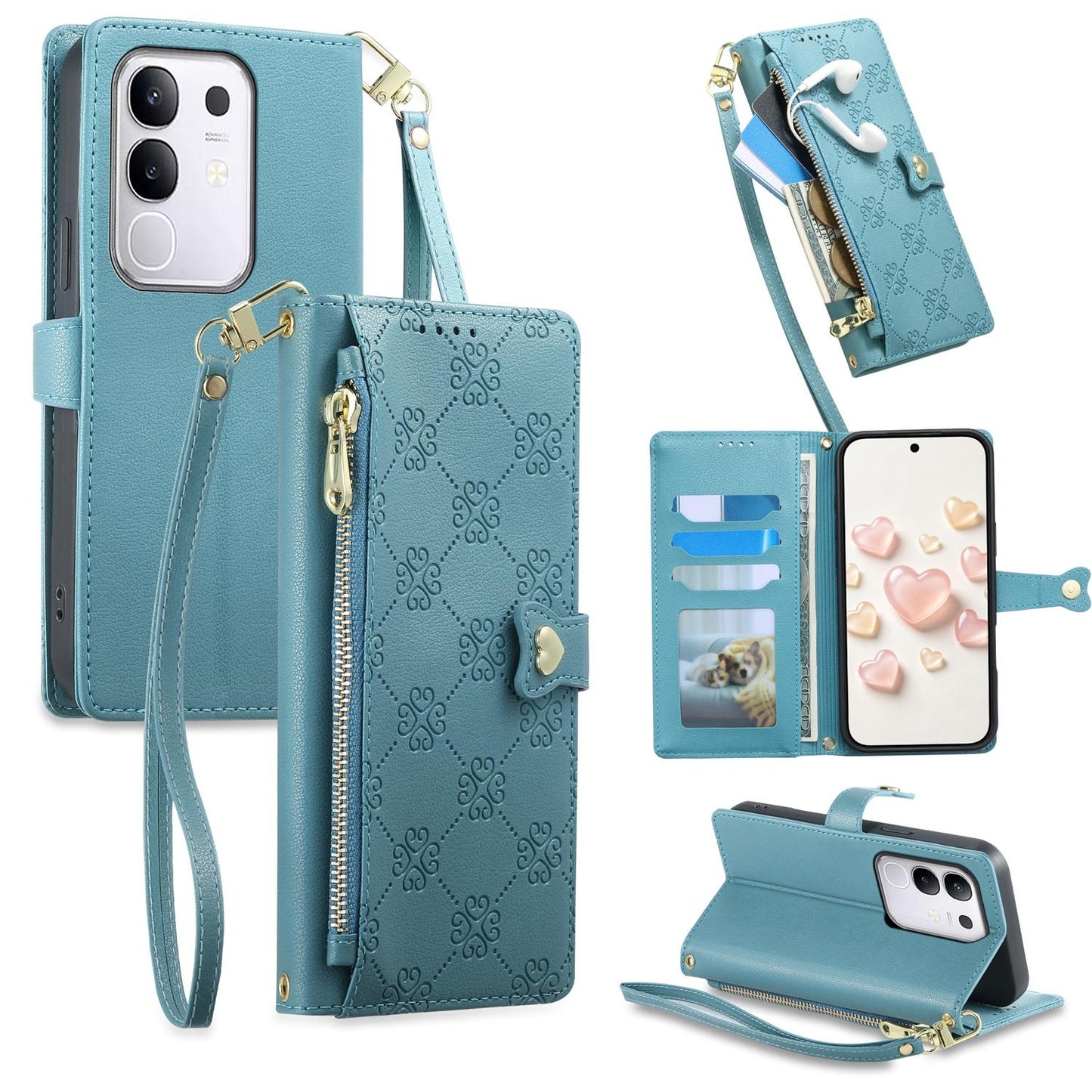 For vivo Y29 4G / Y300t / T4x / iQOO Z10x Zipper Wallet Heart Buckle Vegan Leather Phone Case with Wrist Strap(Lake Blue)