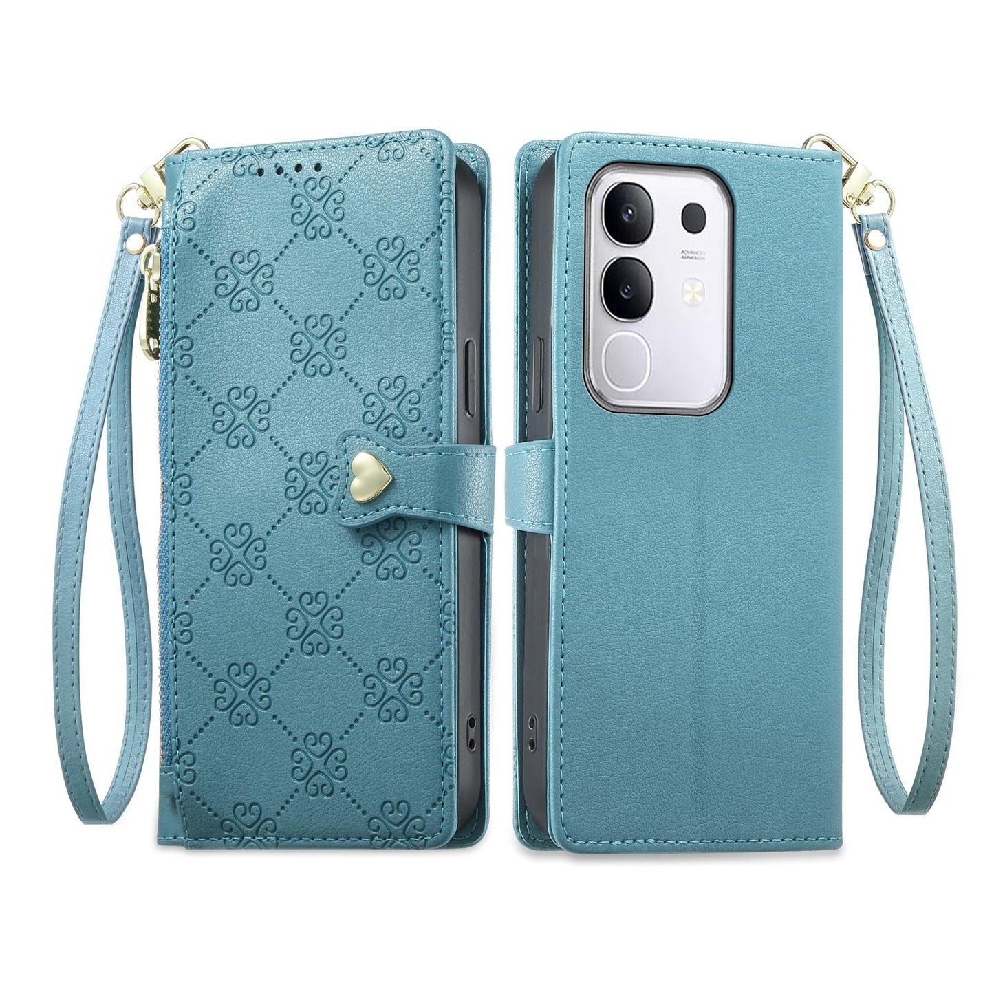 For vivo Y29 4G / Y300t / T4x / iQOO Z10x Zipper Wallet Heart Buckle Vegan Leather Phone Case with Wrist Strap(Lake Blue)