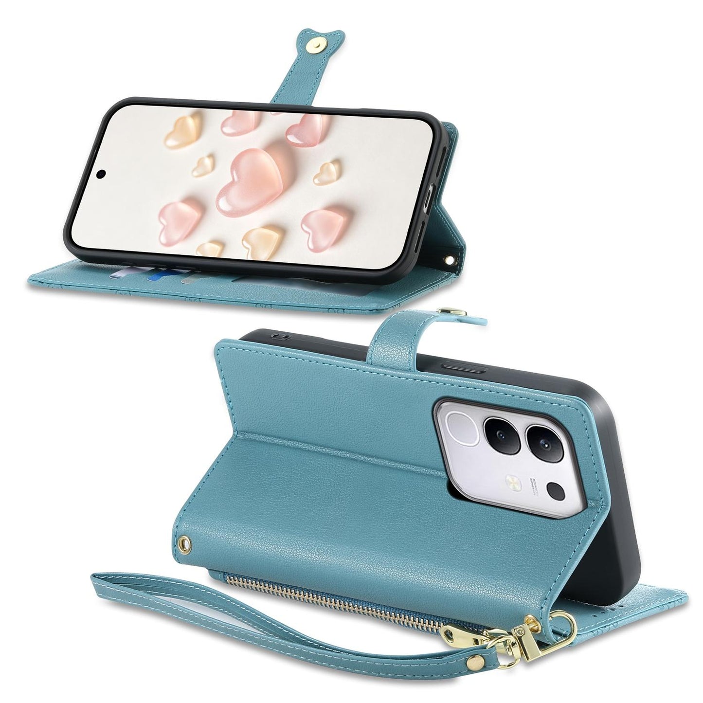 For vivo Y29 4G / Y300t / T4x / iQOO Z10x Zipper Wallet Heart Buckle Vegan Leather Phone Case with Wrist Strap(Lake Blue)