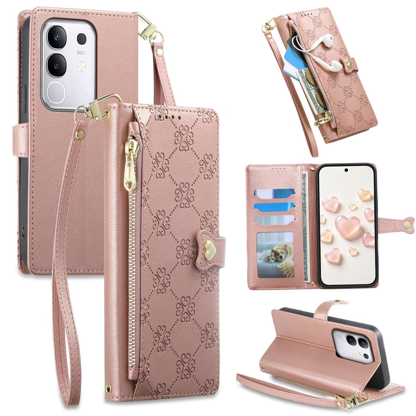 For vivo Y29 4G / Y300t / T4x / iQOO Z10x Zipper Wallet Heart Buckle Vegan Leather Phone Case with Wrist Strap(Pink)