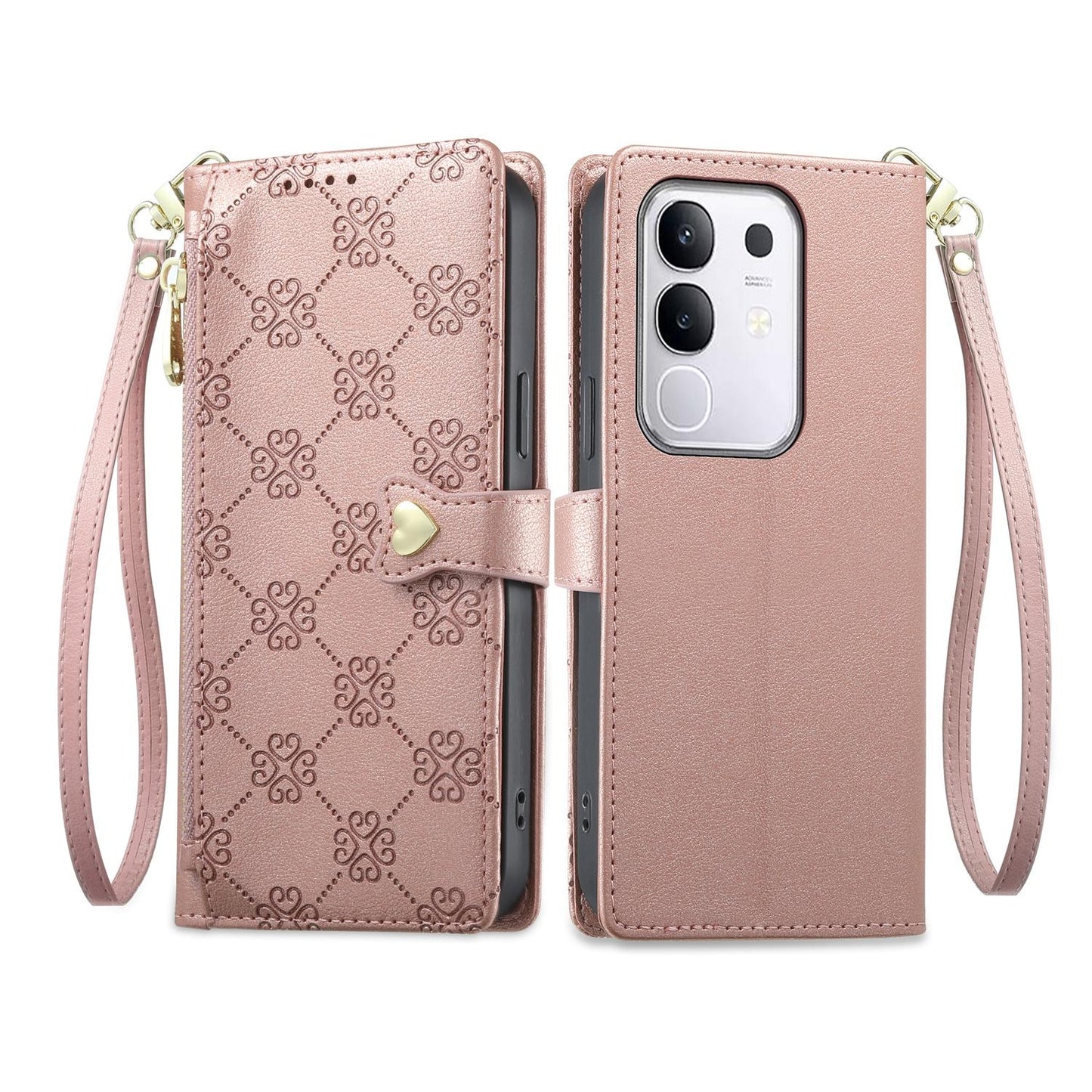 For vivo Y29 4G / Y300t / T4x / iQOO Z10x Zipper Wallet Heart Buckle Vegan Leather Phone Case with Wrist Strap(Pink)