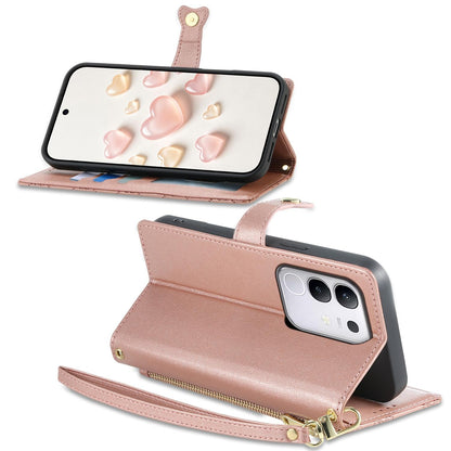 For vivo Y29 4G / Y300t / T4x / iQOO Z10x Zipper Wallet Heart Buckle Vegan Leather Phone Case with Wrist Strap(Pink)