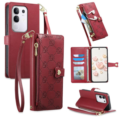 For vivo Y29 4G / Y300t / T4x / iQOO Z10x Zipper Wallet Heart Buckle Vegan Leather Phone Case with Wrist Strap(Red)
