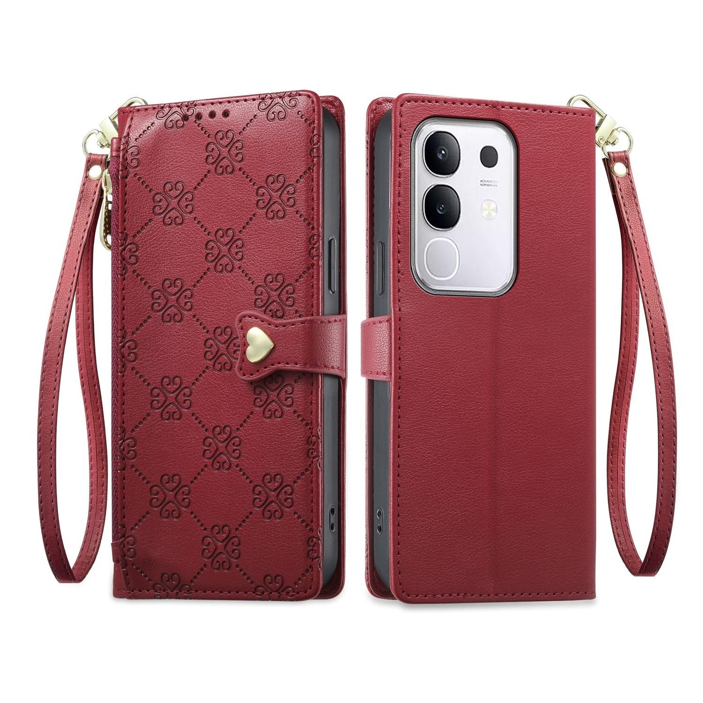 For vivo Y29 4G / Y300t / T4x / iQOO Z10x Zipper Wallet Heart Buckle Vegan Leather Phone Case with Wrist Strap(Red)