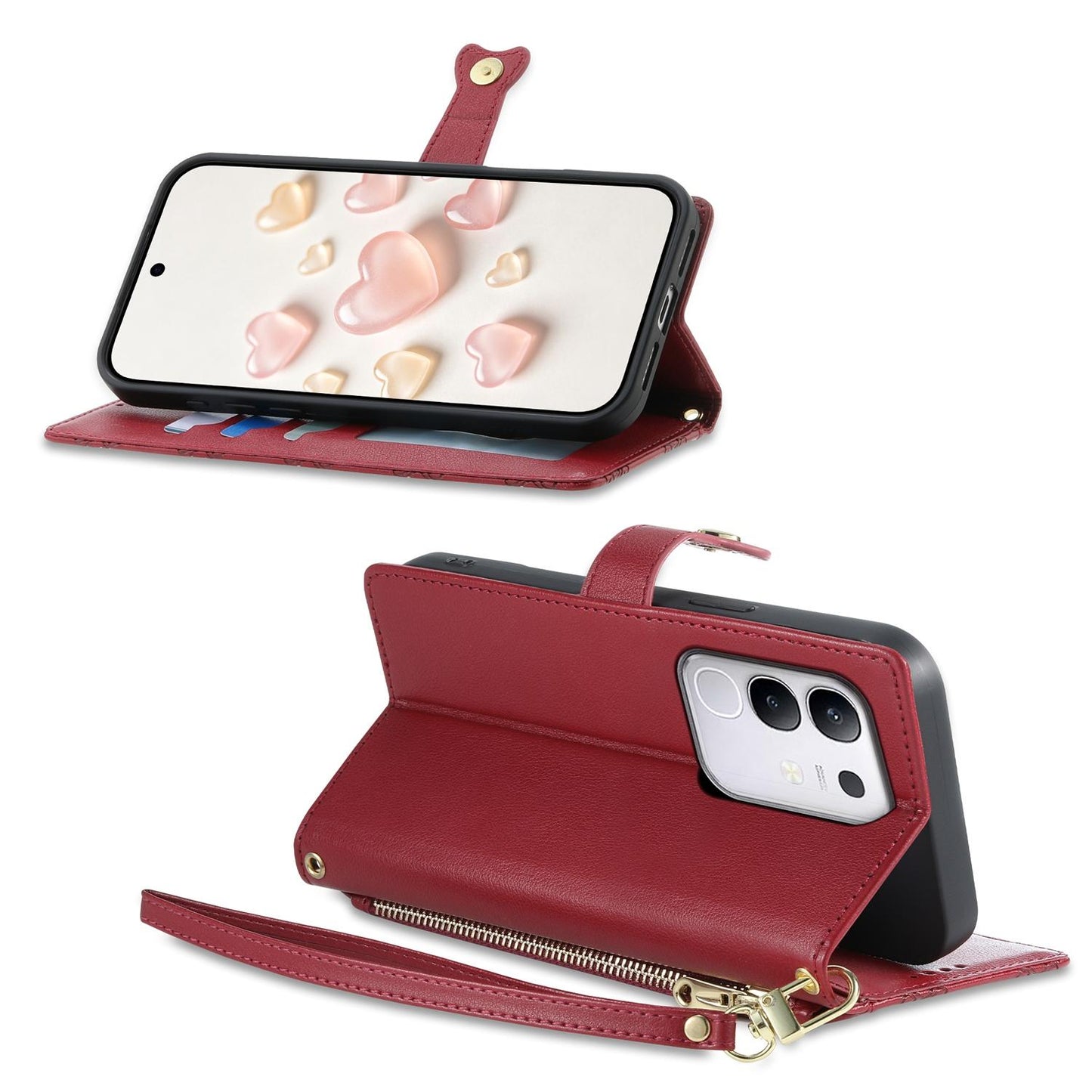 For vivo Y29 4G / Y300t / T4x / iQOO Z10x Zipper Wallet Heart Buckle Vegan Leather Phone Case with Wrist Strap(Red)