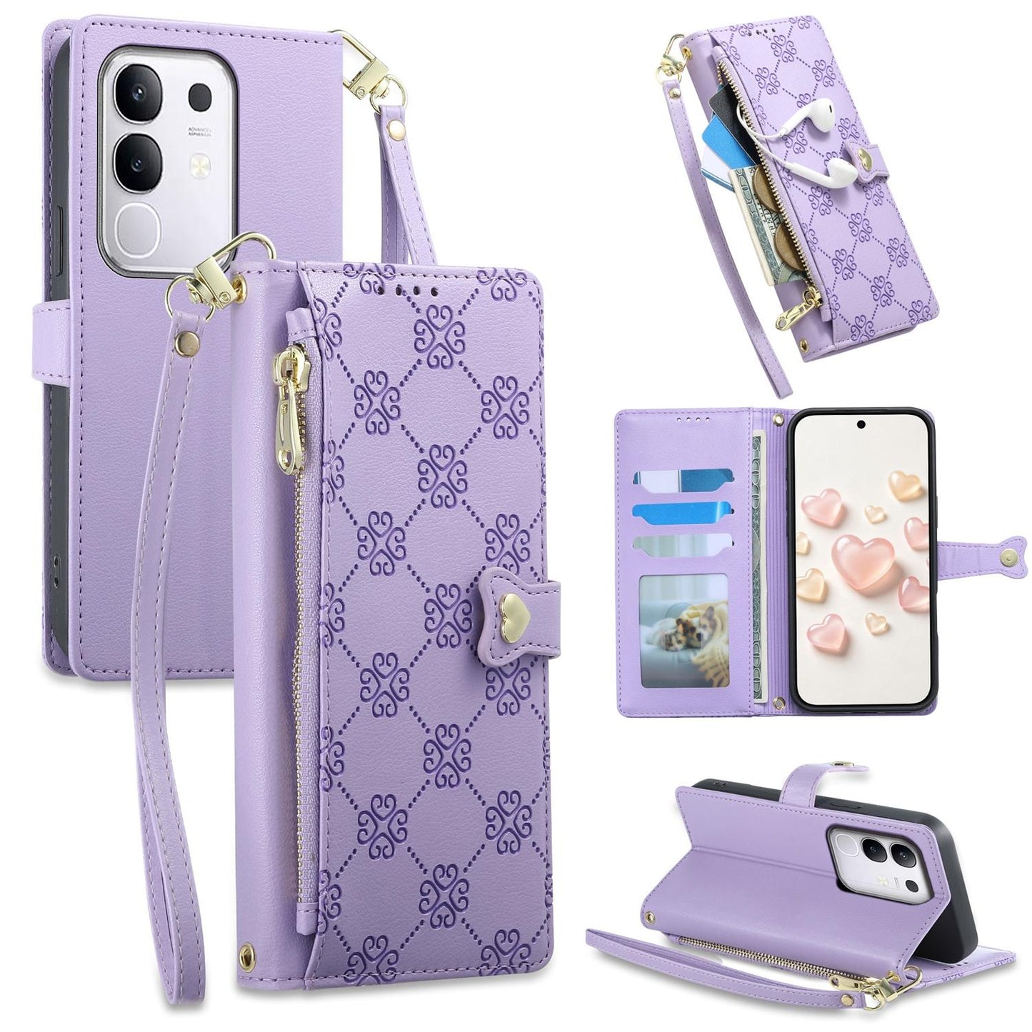 For vivo Y29 4G / Y300t / T4x / iQOO Z10x Zipper Wallet Heart Buckle Vegan Leather Phone Case with Wrist Strap(Purple)
