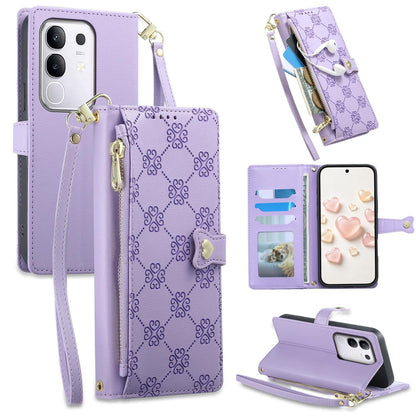 For vivo Y29 4G / Y300t / T4x / iQOO Z10x Zipper Wallet Heart Buckle Vegan Leather Phone Case with Wrist Strap(Purple)