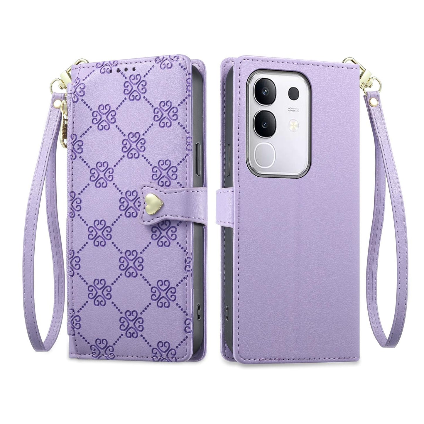 For vivo Y29 4G / Y300t / T4x / iQOO Z10x Zipper Wallet Heart Buckle Vegan Leather Phone Case with Wrist Strap(Purple)