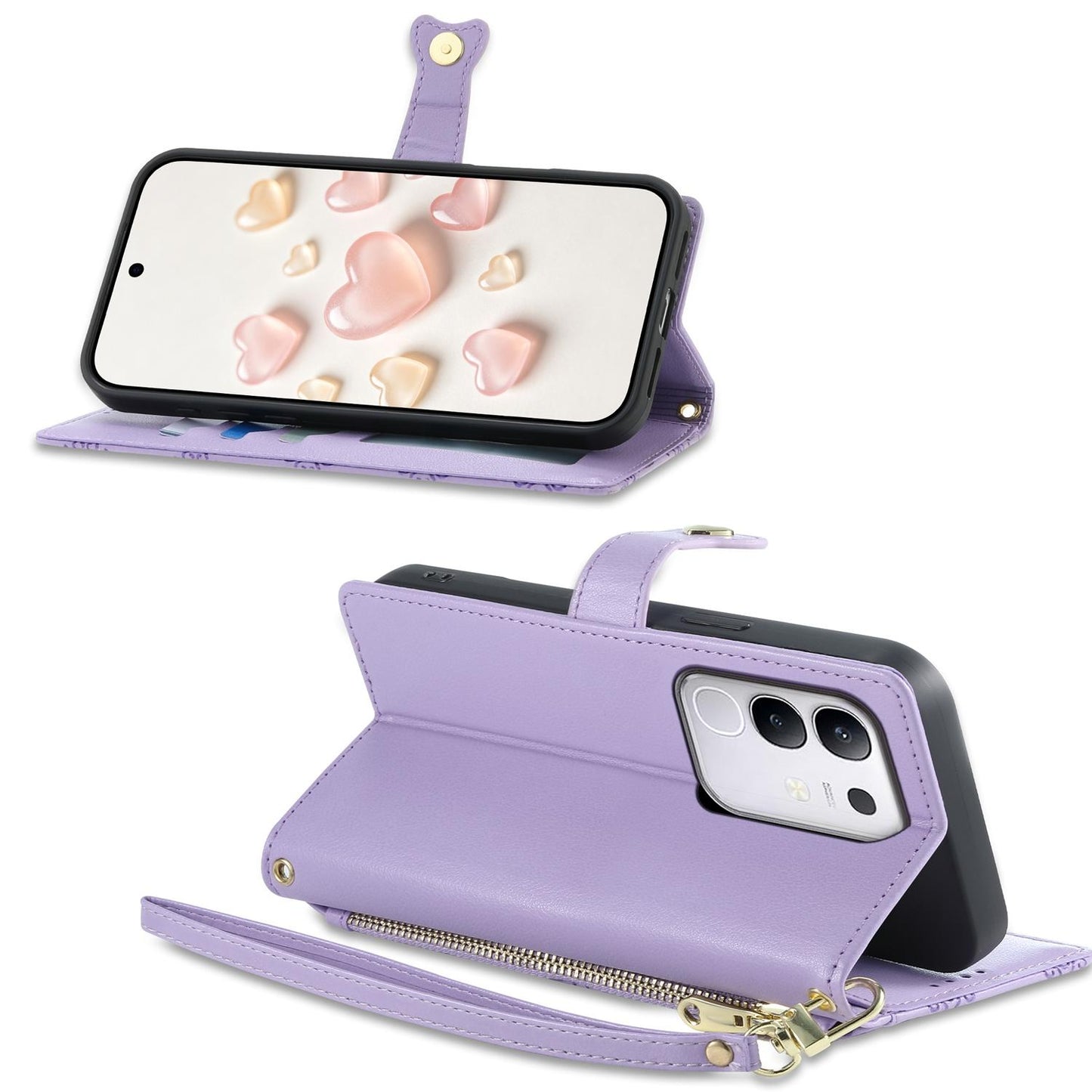 For vivo Y29 4G / Y300t / T4x / iQOO Z10x Zipper Wallet Heart Buckle Vegan Leather Phone Case with Wrist Strap(Purple)