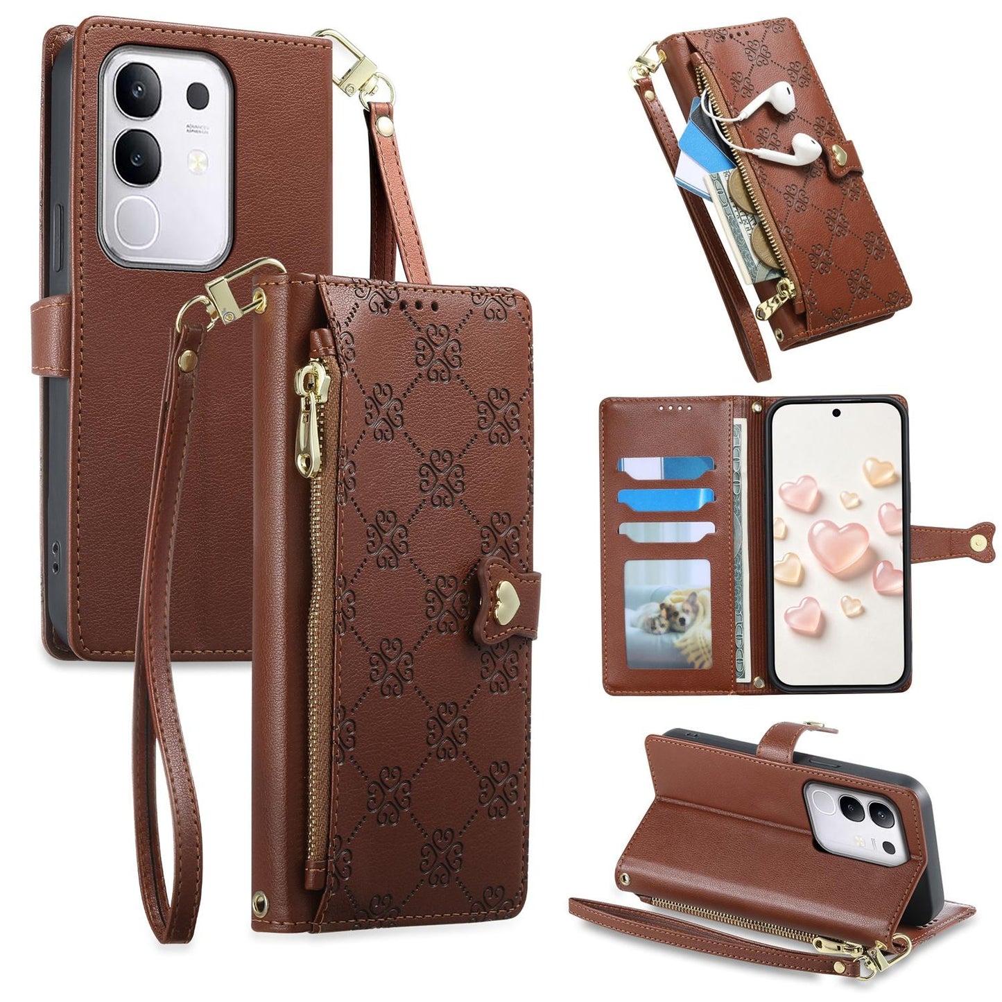 For vivo Y29 4G / Y300t / T4x / iQOO Z10x Zipper Wallet Heart Buckle Vegan Leather Phone Case with Wrist Strap(Brown)