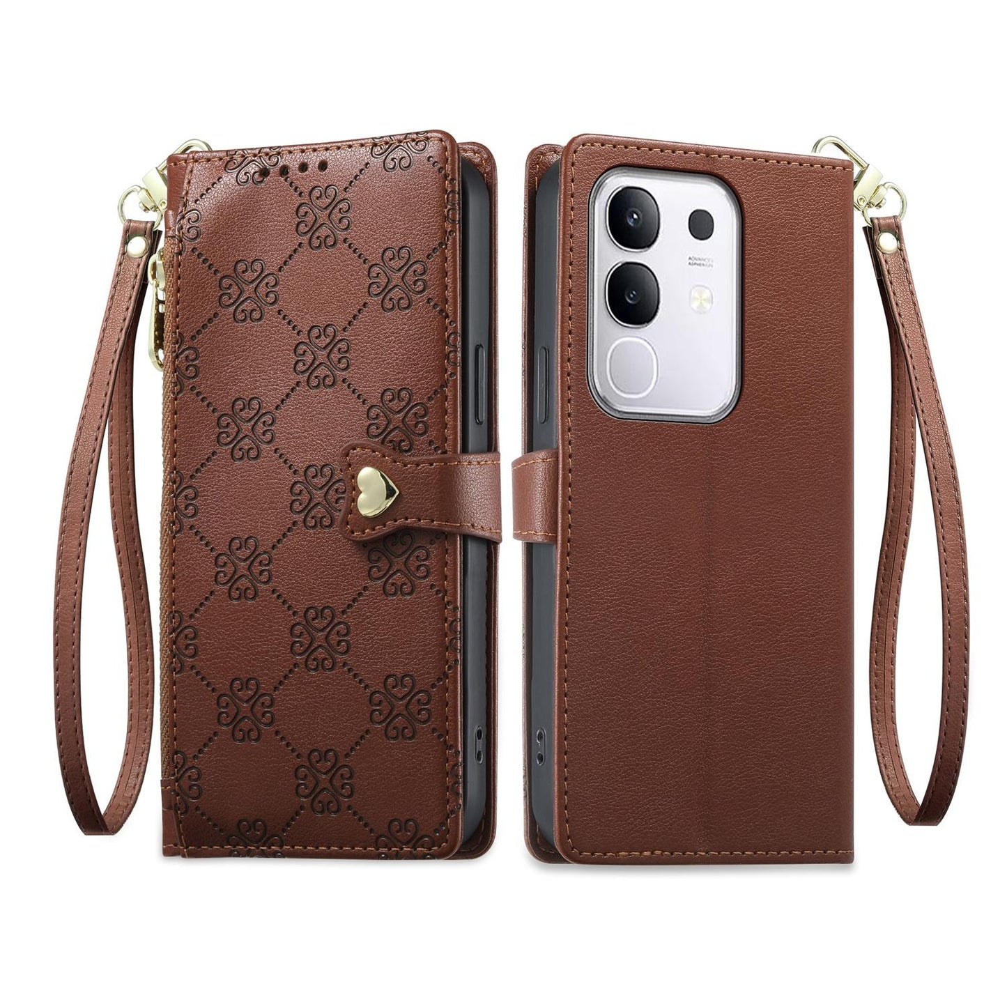 For vivo Y29 4G / Y300t / T4x / iQOO Z10x Zipper Wallet Heart Buckle Vegan Leather Phone Case with Wrist Strap(Brown)
