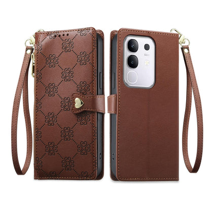 For vivo Y29 4G / Y300t / T4x / iQOO Z10x Zipper Wallet Heart Buckle Vegan Leather Phone Case with Wrist Strap(Brown)