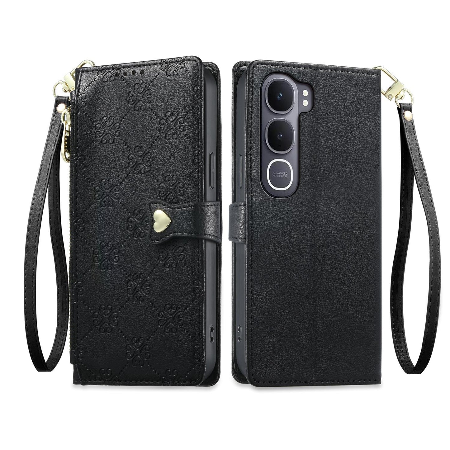 For vivo Y31 5G 2025 / vivo Y21d 4G Zipper Wallet Heart Buckle Vegan Leather Phone Case with Wrist Strap(Black)