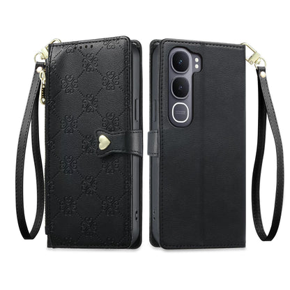 For vivo Y31 5G 2025 / vivo Y21d 4G Zipper Wallet Heart Buckle Vegan Leather Phone Case with Wrist Strap(Black)