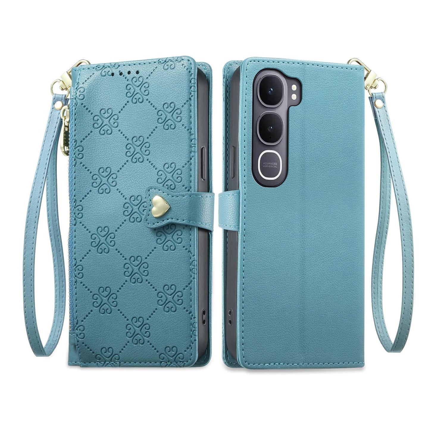 For vivo Y31 5G 2025 / vivo Y21d 4G Zipper Wallet Heart Buckle Vegan Leather Phone Case with Wrist Strap(Lake Blue)