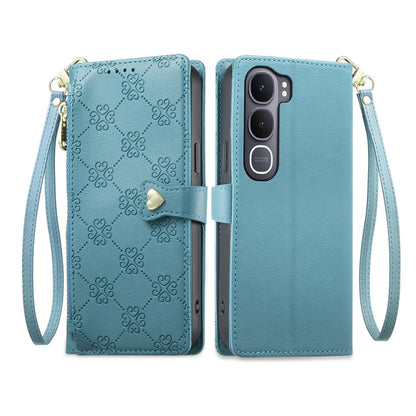 For vivo Y31 5G 2025 / vivo Y21d 4G Zipper Wallet Heart Buckle Vegan Leather Phone Case with Wrist Strap(Lake Blue)