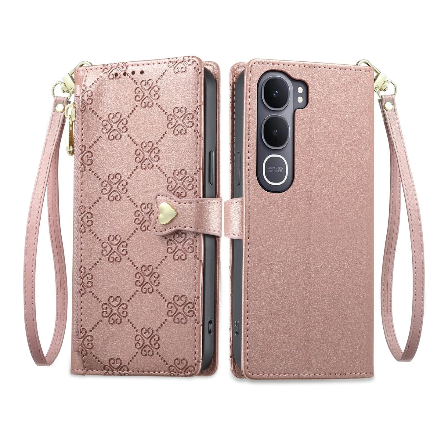 For vivo Y31 5G 2025 / vivo Y21d 4G Zipper Wallet Heart Buckle Vegan Leather Phone Case with Wrist Strap(Pink)