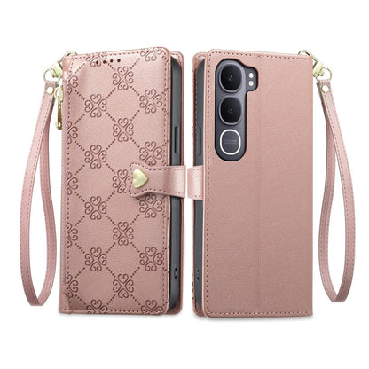 For vivo Y31 5G 2025 / vivo Y21d 4G Zipper Wallet Heart Buckle Vegan Leather Phone Case with Wrist Strap(Pink)