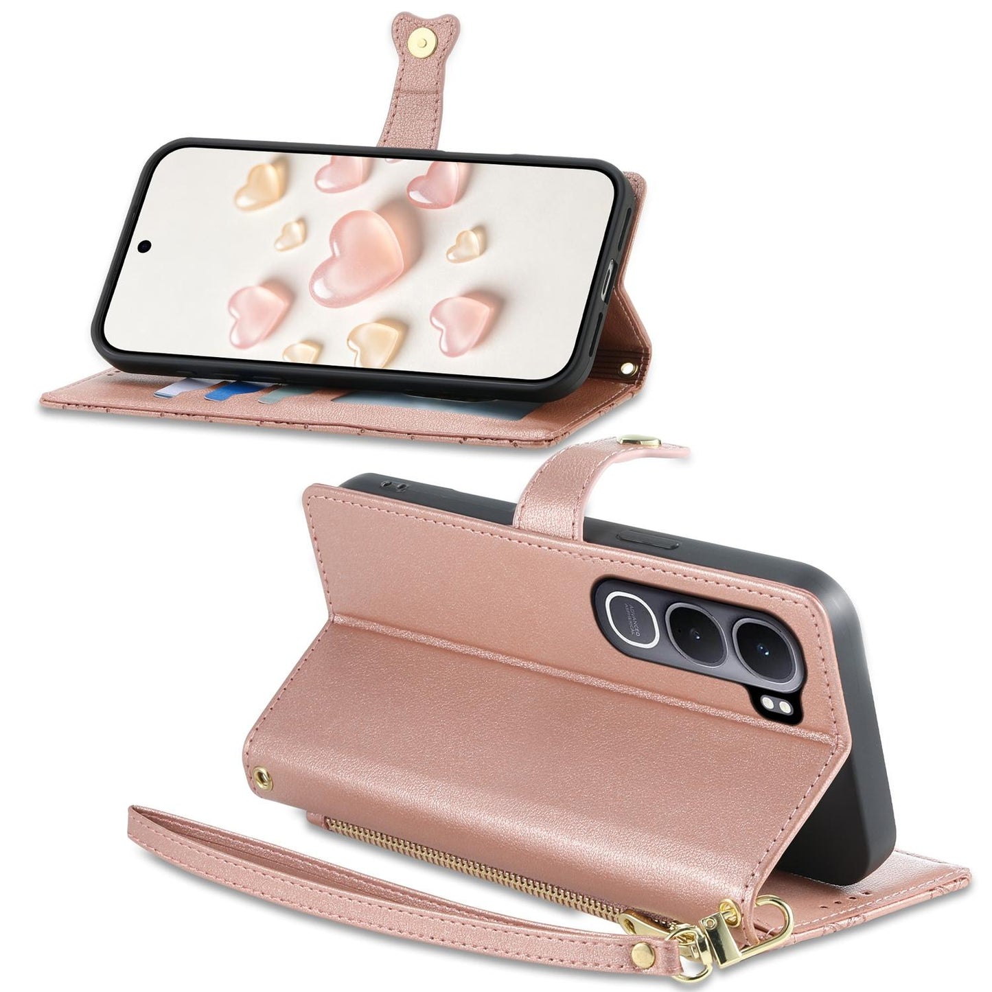 For vivo Y31 5G 2025 / vivo Y21d 4G Zipper Wallet Heart Buckle Vegan Leather Phone Case with Wrist Strap(Pink)