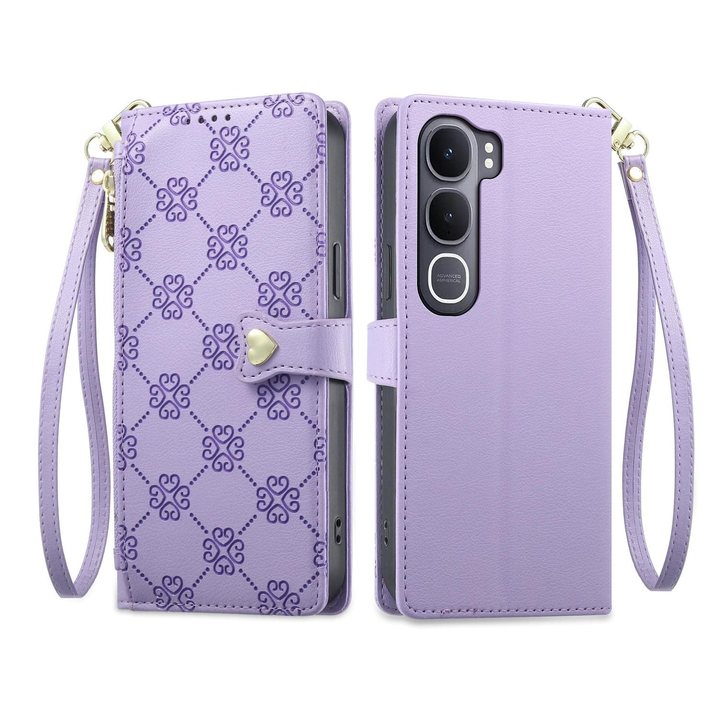 For vivo Y31 5G 2025 / vivo Y21d 4G Zipper Wallet Heart Buckle Vegan Leather Phone Case with Wrist Strap(Purple)
