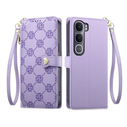 For vivo Y31 5G 2025 / vivo Y21d 4G Zipper Wallet Heart Buckle Vegan Leather Phone Case with Wrist Strap(Purple)