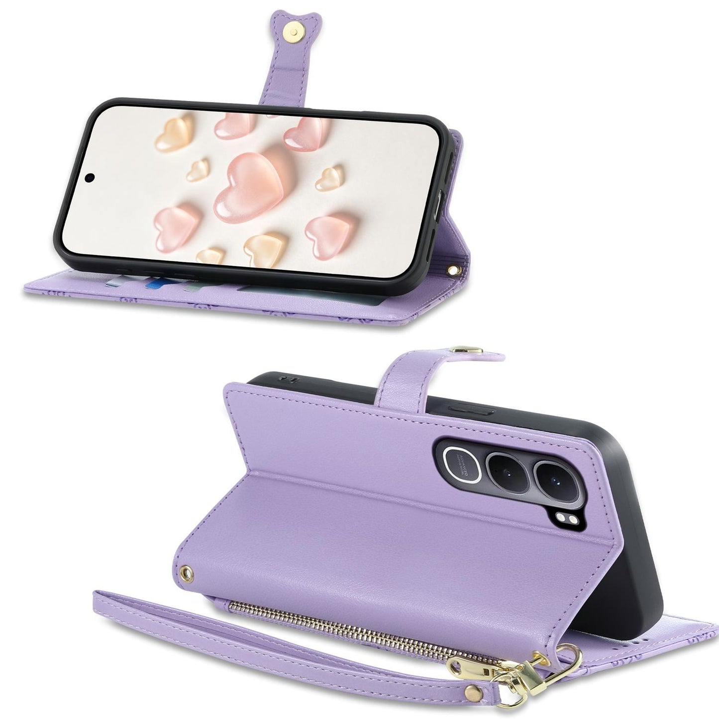 For vivo Y31 5G 2025 / vivo Y21d 4G Zipper Wallet Heart Buckle Vegan Leather Phone Case with Wrist Strap(Purple)
