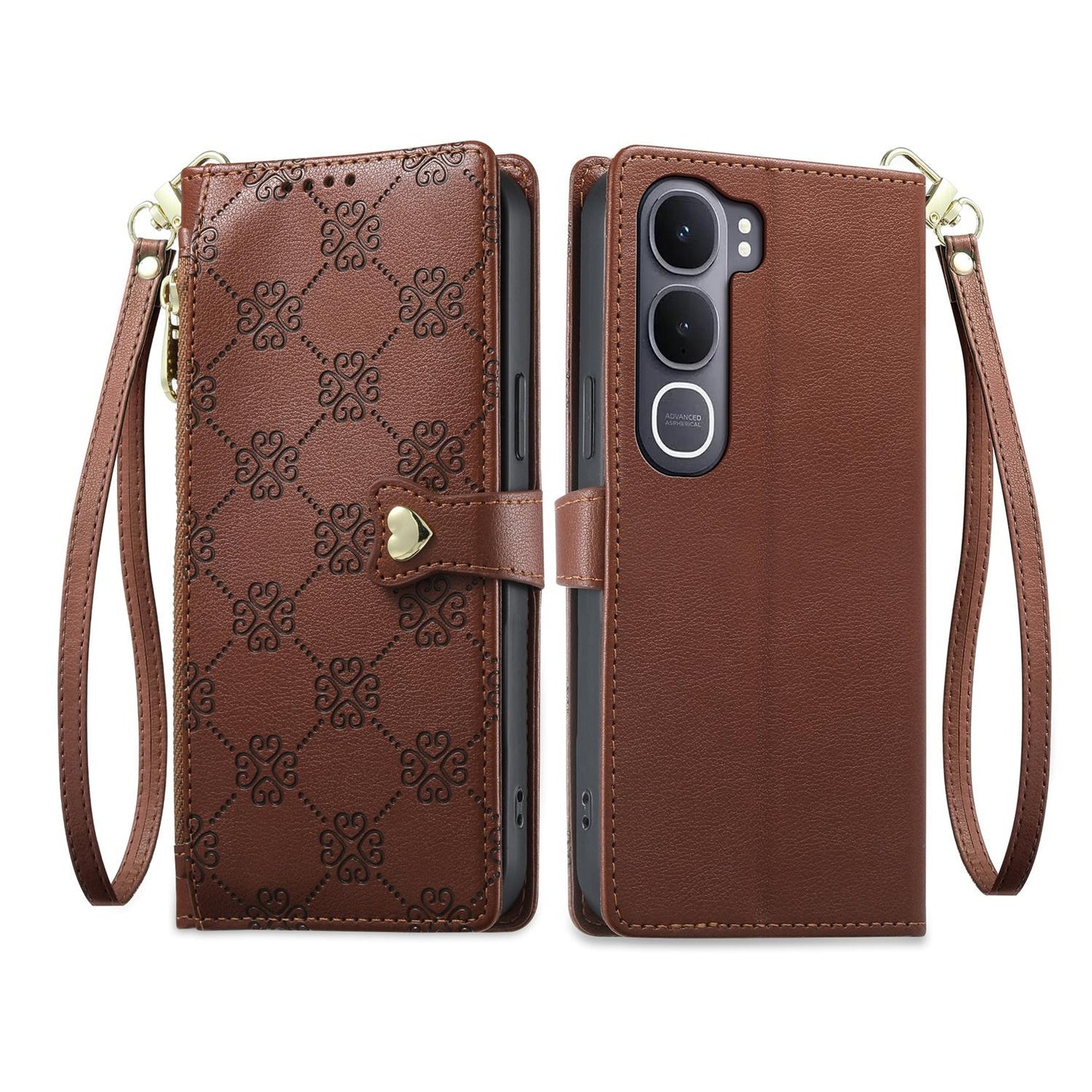 For vivo Y31 5G 2025 / vivo Y21d 4G Zipper Wallet Heart Buckle Vegan Leather Phone Case with Wrist Strap(Brown)