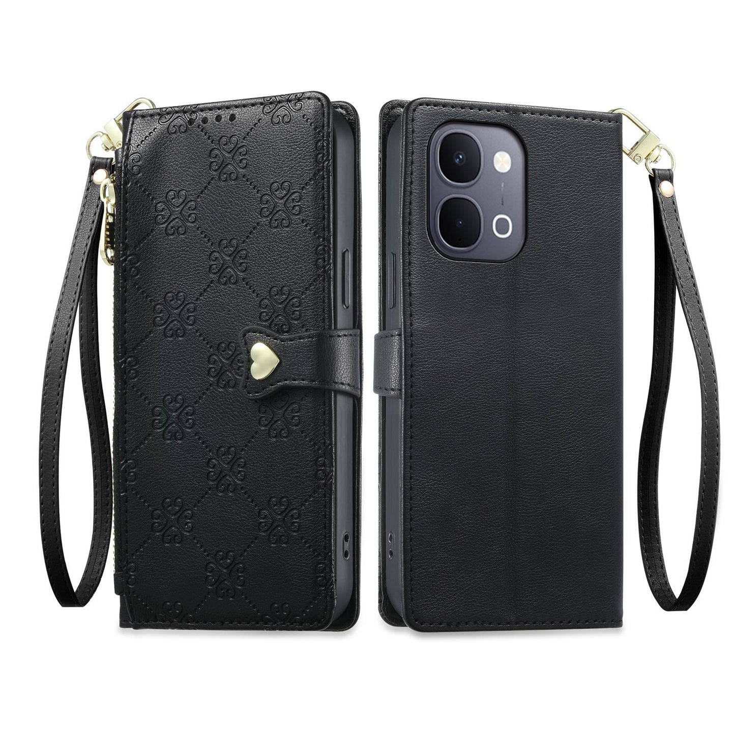 For vivo Y31d 4G / Y6 5G / Y51 Pro 5G / T5x 5G Zipper Wallet Heart Buckle Vegan Leather Phone Case with Wrist Strap(Black)