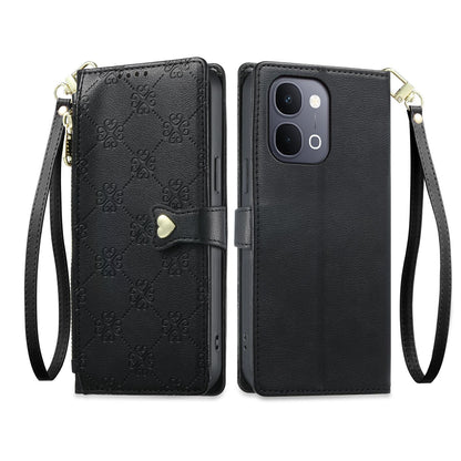 For vivo Y31d 4G / Y6 5G / Y51 Pro 5G / T5x 5G Zipper Wallet Heart Buckle Vegan Leather Phone Case with Wrist Strap(Black)