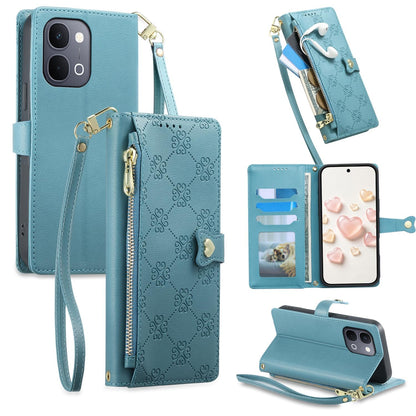 For vivo Y31d 4G / Y6 5G / Y51 Pro 5G / T5x 5G Zipper Wallet Heart Buckle Vegan Leather Phone Case with Wrist Strap(Lake Blue)