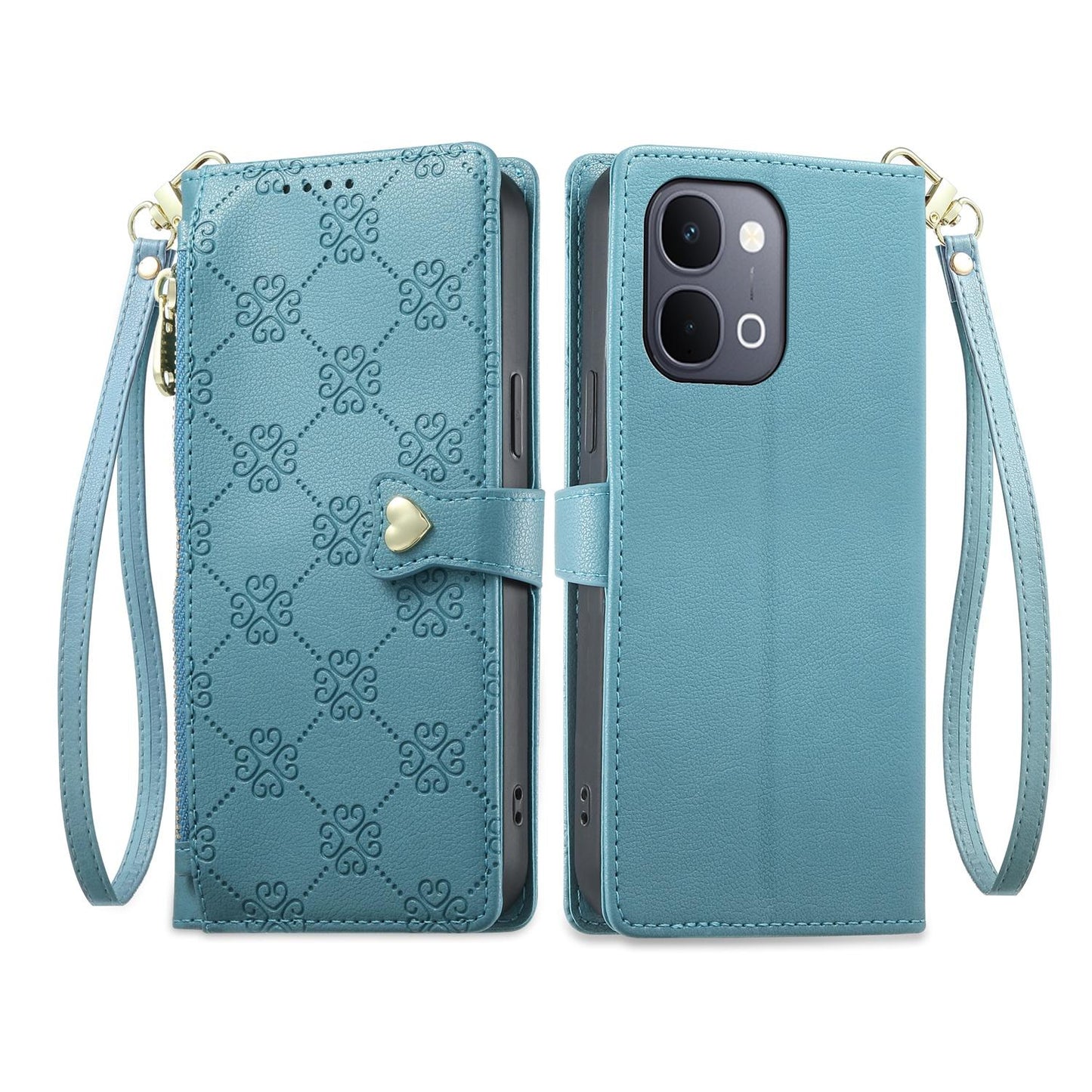 For vivo Y31d 4G / Y6 5G / Y51 Pro 5G / T5x 5G Zipper Wallet Heart Buckle Vegan Leather Phone Case with Wrist Strap(Lake Blue)