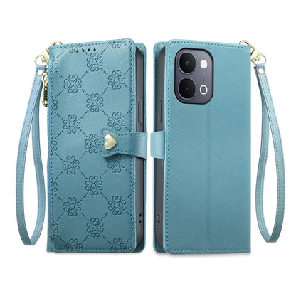 For vivo Y31d 4G / Y6 5G / Y51 Pro 5G / T5x 5G Zipper Wallet Heart Buckle Vegan Leather Phone Case with Wrist Strap(Lake Blue)
