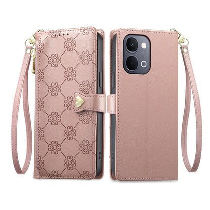 For vivo Y31d 4G / Y6 5G / Y51 Pro 5G / T5x 5G Zipper Wallet Heart Buckle Vegan Leather Phone Case with Wrist Strap(Pink)