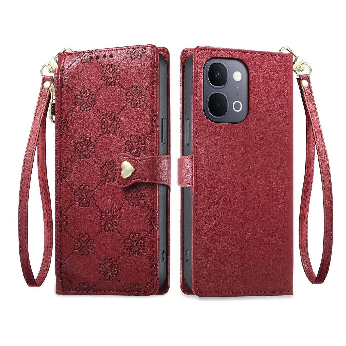 For vivo Y31d 4G / Y6 5G / Y51 Pro 5G / T5x 5G Zipper Wallet Heart Buckle Vegan Leather Phone Case with Wrist Strap(Red)