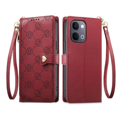 For vivo Y31d 4G / Y6 5G / Y51 Pro 5G / T5x 5G Zipper Wallet Heart Buckle Vegan Leather Phone Case with Wrist Strap(Red)