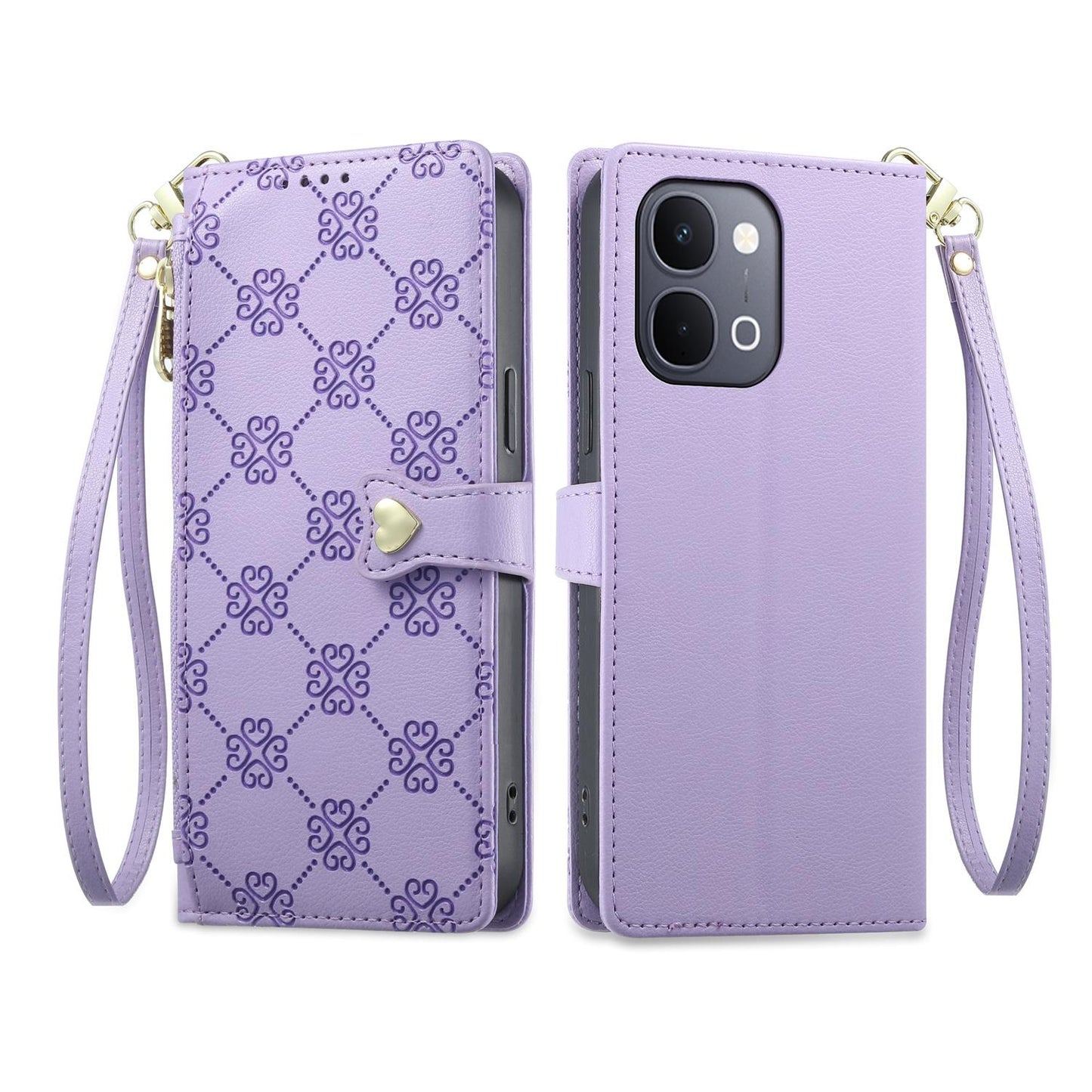 For vivo Y31d 4G / Y6 5G / Y51 Pro 5G / T5x 5G Zipper Wallet Heart Buckle Vegan Leather Phone Case with Wrist Strap(Purple)