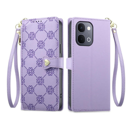 For vivo Y31d 4G / Y6 5G / Y51 Pro 5G / T5x 5G Zipper Wallet Heart Buckle Vegan Leather Phone Case with Wrist Strap(Purple)