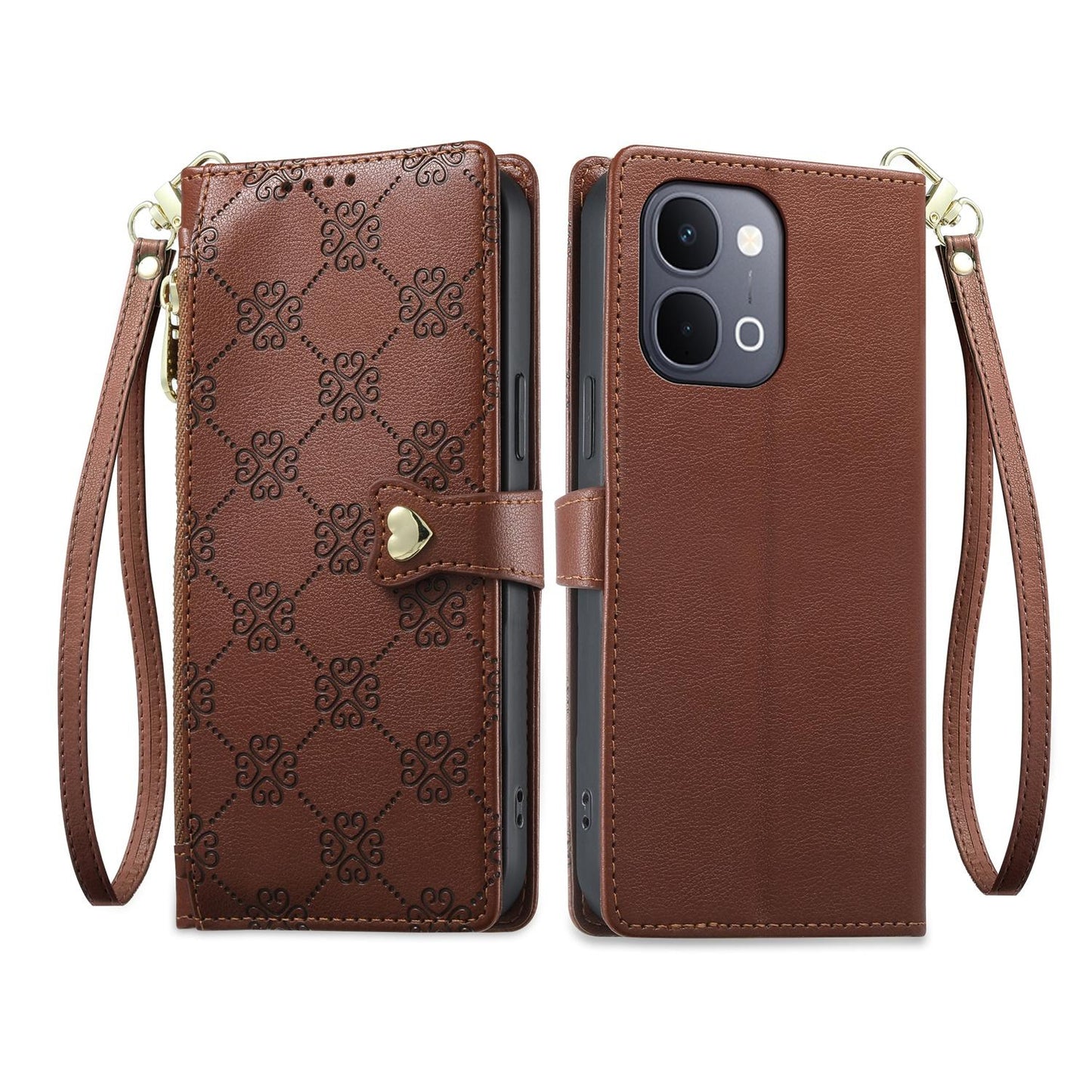For vivo Y31d 4G / Y6 5G / Y51 Pro 5G / T5x 5G Zipper Wallet Heart Buckle Vegan Leather Phone Case with Wrist Strap(Brown)