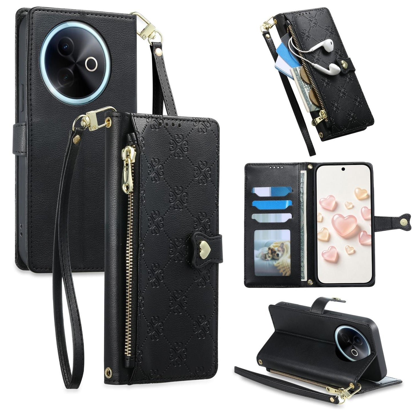 For vivo Y39 5G / vivo Y300i Zipper Wallet Heart Buckle Vegan Leather Phone Case with Wrist Strap(Black)