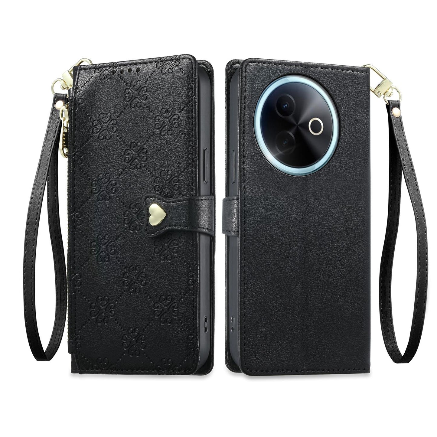 For vivo Y39 5G / vivo Y300i Zipper Wallet Heart Buckle Vegan Leather Phone Case with Wrist Strap(Black)