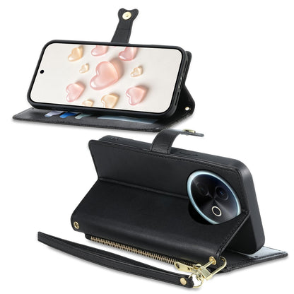 For vivo Y39 5G / vivo Y300i Zipper Wallet Heart Buckle Vegan Leather Phone Case with Wrist Strap(Black)