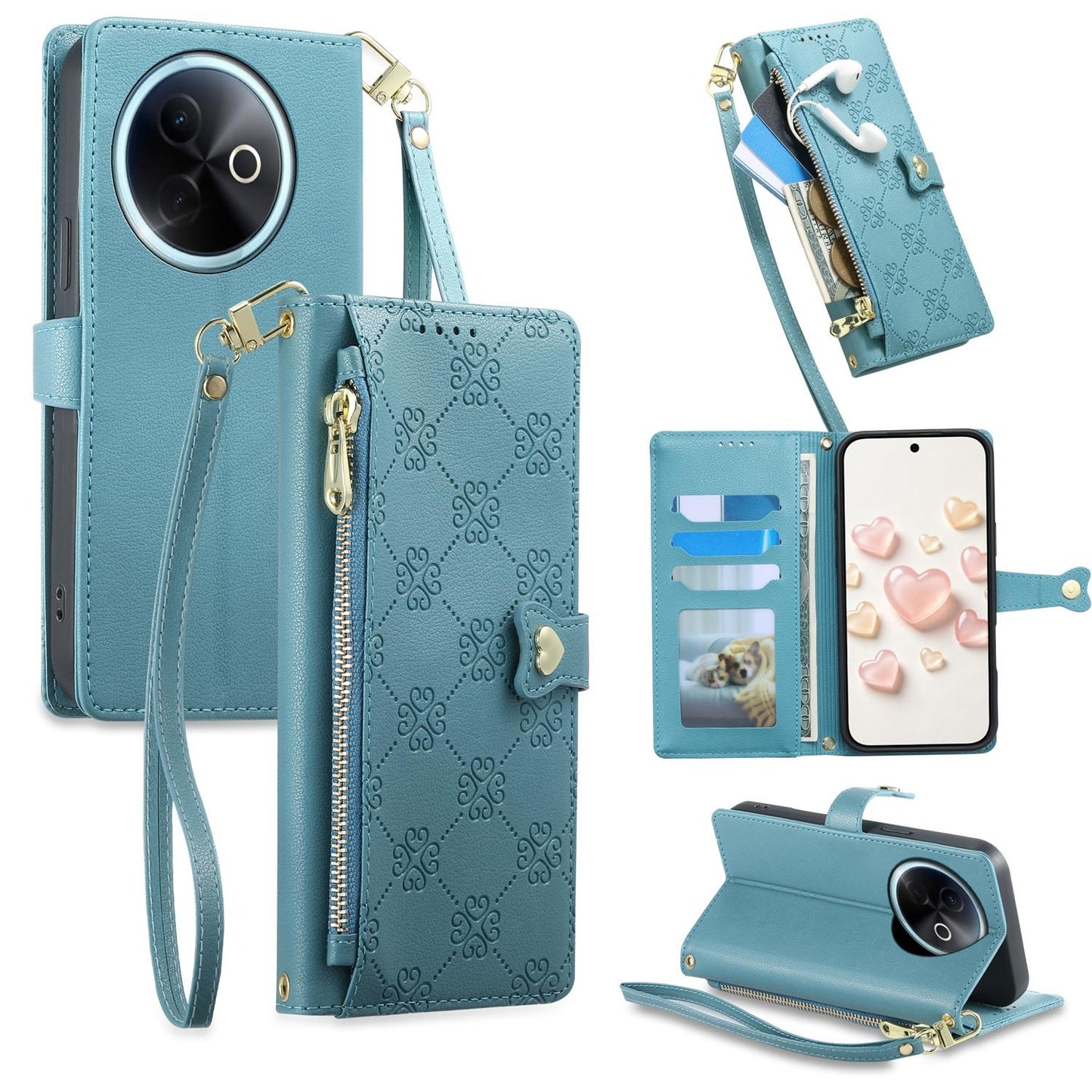 For vivo Y39 5G / vivo Y300i Zipper Wallet Heart Buckle Vegan Leather Phone Case with Wrist Strap(Lake Blue)