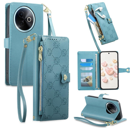 For vivo Y39 5G / vivo Y300i Zipper Wallet Heart Buckle Vegan Leather Phone Case with Wrist Strap(Lake Blue)