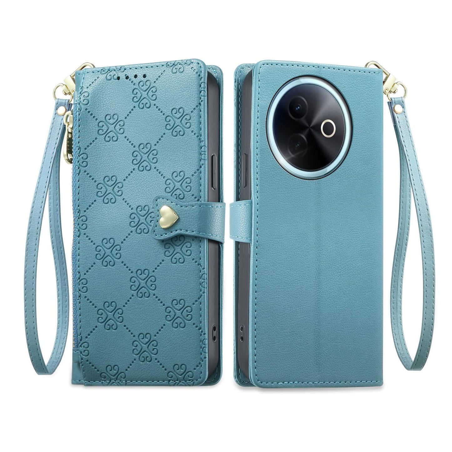 For vivo Y39 5G / vivo Y300i Zipper Wallet Heart Buckle Vegan Leather Phone Case with Wrist Strap(Lake Blue)