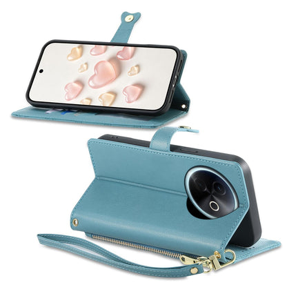 For vivo Y39 5G / vivo Y300i Zipper Wallet Heart Buckle Vegan Leather Phone Case with Wrist Strap(Lake Blue)