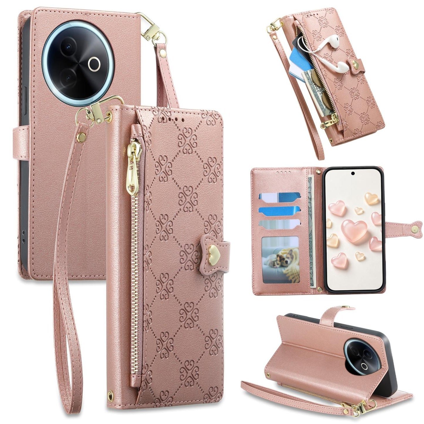 For vivo Y39 5G / vivo Y300i Zipper Wallet Heart Buckle Vegan Leather Phone Case with Wrist Strap(Pink)