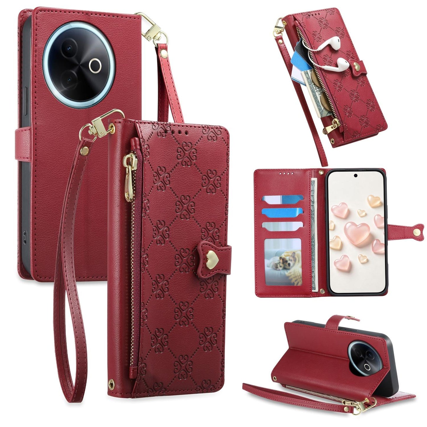 For vivo Y39 5G / vivo Y300i Zipper Wallet Heart Buckle Vegan Leather Phone Case with Wrist Strap(Red)