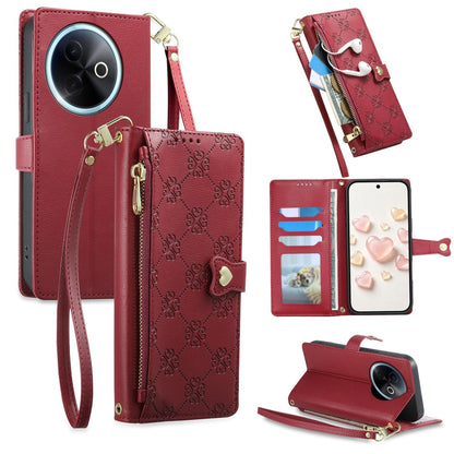 For vivo Y39 5G / vivo Y300i Zipper Wallet Heart Buckle Vegan Leather Phone Case with Wrist Strap(Red)