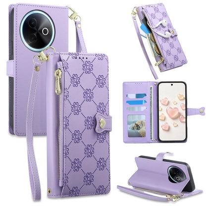 For vivo Y39 5G / vivo Y300i Zipper Wallet Heart Buckle Vegan Leather Phone Case with Wrist Strap(Purple)